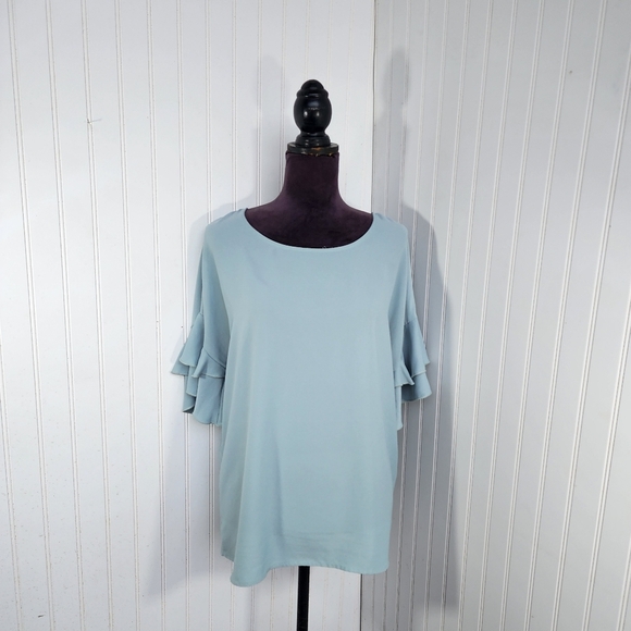 Les Amis Womens Pullover Blouse Aqua Blue Flutter Ruffle Short Sleeve Sz L - Picture 1 of 10